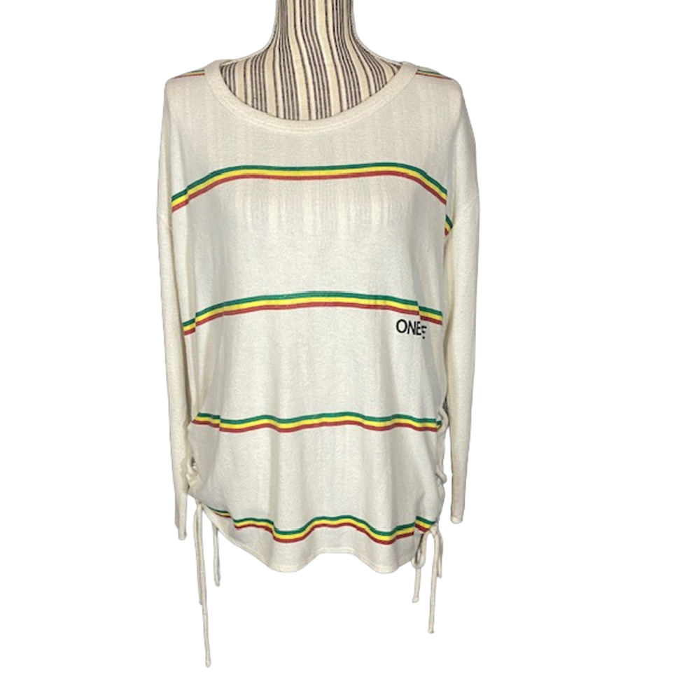 Chaser Women’s Cream Rainbow Striped “One Love” Long Sleeve Sweater Size Medium